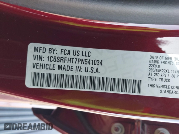 2023 Ram 1500 Limited with VIN 1C6SRFHT7PN541034, listed as a IAAI auction lot 41901301 with 44,190 mi miles and . Bid and sale history available at DreamBid. Image 9.
