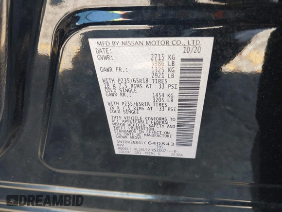 2020 Nissan Pathfinder SV z VIN 5N1DR2BN1LC640843, wystawiony jako IAAI lot #42165568 z przebiegiem 53 997 mil mil oraz . Historia ofert i sprzedaży dostępna na DreamBid. Obrazek 9.