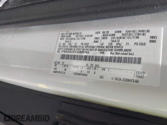 2020 Ford Transit Passenger XL с VIN 1FBAX2C87LKB20162, выставлен на аукционе IAAI как лот 42712190 с пробегом 48 545 миль миль и . История ставок и продаж доступна на DreamBid. Изображение 9.