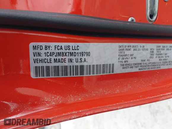 2021 Jeep Cherokee Trailhawk с VIN 1C4PJMBX7MD119790, выставлен на аукционе IAAI как лот 41303544 с пробегом 39 379 миль миль и . История ставок и продаж доступна на DreamBid. Изображение 9.