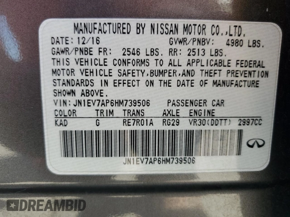 2017 Infiniti Q50 Premium z VIN JN1EV7AP6HM739506, wystawiony jako Copart lot #53484535 z przebiegiem 132 875 mil mil oraz Szkody całkowita. Historia ofert i sprzedaży dostępna na DreamBid. Obrazek 12.