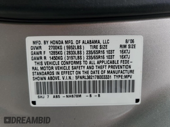 2007 Honda Odyssey LX with VIN 5FNRL38217B003331, listed as a Copart auction lot 50568855 with 87,574 mi miles and Salvage Title. Bid and sale history available at carsss.com. Image 13.