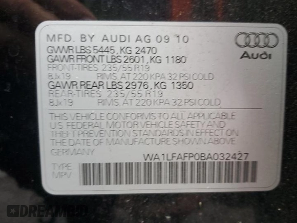 2011 Audi Q5 Premium Plus with VIN WA1LFAFP0BA032427, listed as a Copart auction lot 45429465 with 163,505 mi miles and Salvage Title. Bid and sale history available at DreamBid. Image 13.