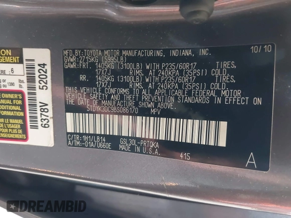 2011 Toyota Sienna XLE AAS z VIN 5TDYK3DC9BS086170, wystawiony jako IAAI lot #42596944 z przebiegiem 156 813 mil mil oraz . Historia ofert i sprzedaży dostępna na DreamBid. Obrazek 9.