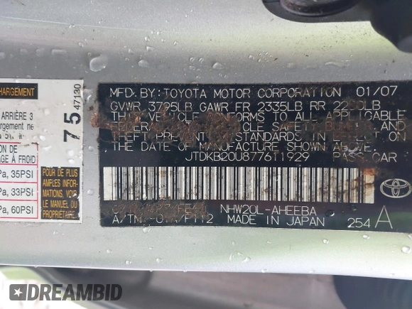 2007 Toyota Prius with VIN JTDKB20U877611929, listed as a IAAI auction lot 42082384 with Not Provided miles. Bid and sale history available at carsss.com. Image 9.