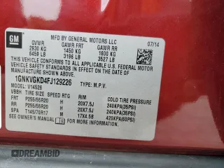 2015 Chevrolet Traverse LT with VIN 1GNKVGKD4FJ129226, listed as a Copart auction lot 57531004 with 106,057 mi miles and Salvage Title. Bid and sale history available at DreamBid. Image 13.