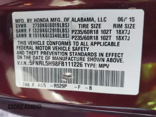 2015 Honda Odyssey Touring Elite with VIN 5FNRL5H98FB111226, listed as a IAAI auction lot 42136888 with 60,266 mi miles and . Bid and sale history available at DreamBid. Image 9.