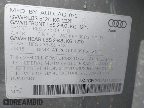 2021 Audi Q3 S line Premium with VIN WA1DECF39M1102591, listed as a IAAI auction lot 42232027 with 37,147 mi miles and . Bid and sale history available at DreamBid. Image 9.
