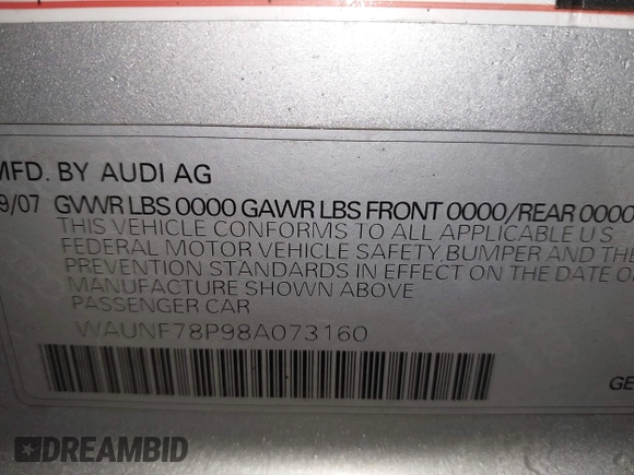 2008 Audi A3 with VIN WAUNF78P98A073160, listed as a IAAI auction lot 41654096 with 164,032 mi miles. Bid and sale history available at carsss.com. Image 9.