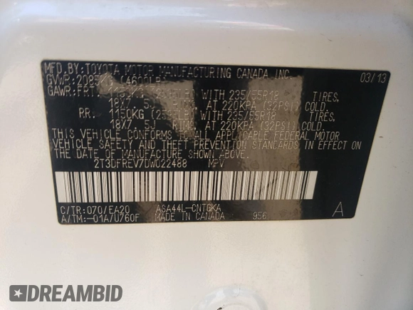 2013 Toyota RAV4 Limited with VIN 2T3DFREV7DW022488, listed as a Copart auction lot 61203555 with 73,712 mi miles and Salvage title. Bid and sale history available at DreamBid. Image 13.