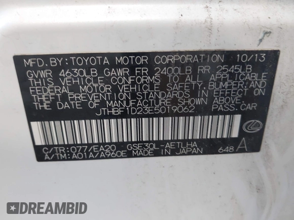 2014 Lexus IS 250 with VIN JTHBF1D23E5019062, listed as a IAAI auction lot 42451266 with 123,228 mi miles and . Bid and sale history available at DreamBid. Image 9.