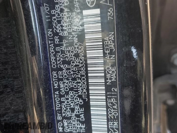 2008 Toyota Prius with VIN JTDKB20U883349337, listed as a Copart auction lot 50990195 with 138,838 mi miles and Salvage Title. Bid and sale history available at carsss.com. Image 12.