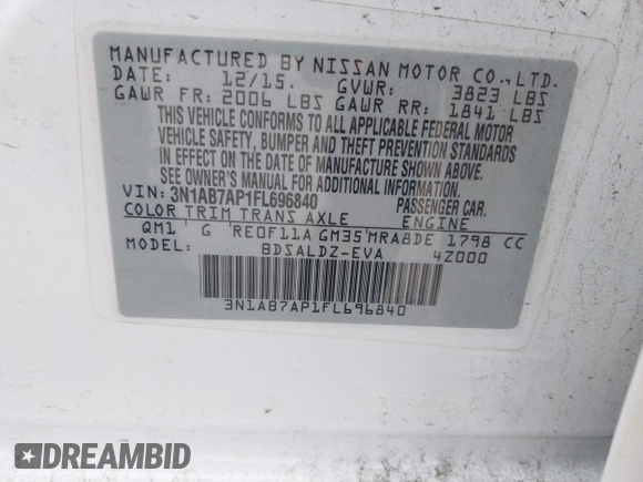 2015 Nissan Sentra SR with VIN 3N1AB7AP1FL696840, listed as a IAAI auction lot 42025040 with 68,088 mi miles and . Bid and sale history available at DreamBid. Image 9.