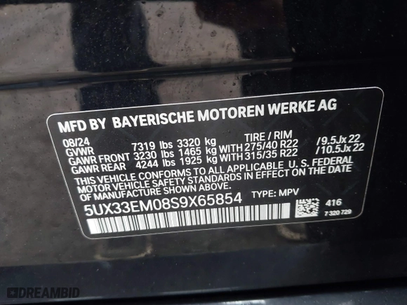 2025 BMW X7 M60i with VIN 5UX33EM08S9X65854, listed as a IAAI auction lot 41689675 with 2,595 mi miles. Bid and sale history available at carsss.com. Image 9.