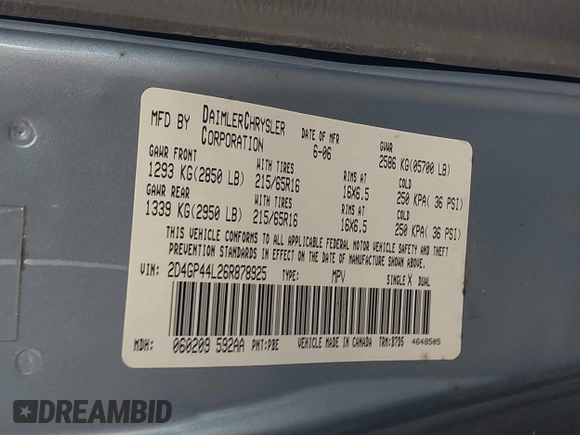 2006 Dodge Grand Caravan SXT z VIN 2D4GP44L26R878925, wystawiony jako IAAI lot #42168346 z przebiegiem 154 150 mil mil oraz . Historia ofert i sprzedaży dostępna na DreamBid. Obrazek 9.
