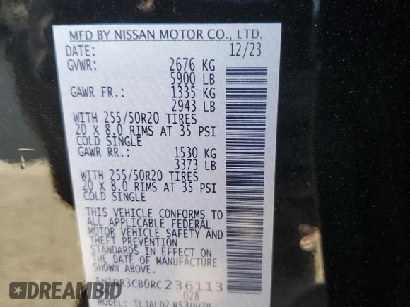 2024 Nissan Pathfinder SL with VIN 5N1DR3CB0RC236113, listed as a Copart auction lot 61396645 with 22,942 mi miles and Salvage title. Bid and sale history available at DreamBid. Image 13.