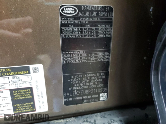 2023 Land Rover Defender X с VIN SALEX7EU8P2140939, выставлен на аукционе Copart как лот 55811195 с пробегом 33 446 миль миль и Списание • Salvage title. История ставок и продаж доступна на DreamBid. Изображение 14.