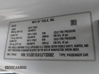 2020 Tesla Model 3 Standard Range Plus with VIN 5YJ3E1EA1LF738062, listed as a IAAI auction lot 41747581 with 41,897 mi miles. Bid and sale history available at carsss.com. Image 9.