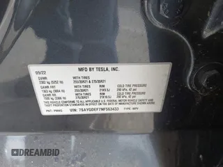 2022 Tesla Model Y Performance with VIN 7SAYGDEF7NF563433, listed as a IAAI auction lot 41713557 with Not Provided miles and . Bid and sale history available at DreamBid. Image 9.