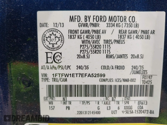 2014 Ford F-150 XL with VIN 1FTFW1ET7EFA52599, listed as a IAAI auction lot 41848890 with 154,353 mi miles. Bid and sale history available at carsss.com. Image 9.