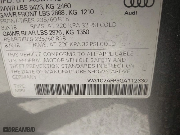 2016 Audi Q5 Premium with VIN WA1C2AFP9GA112330, listed as a IAAI auction lot 41652583 with 118,002 mi miles. Bid and sale history available at carsss.com. Image 9.