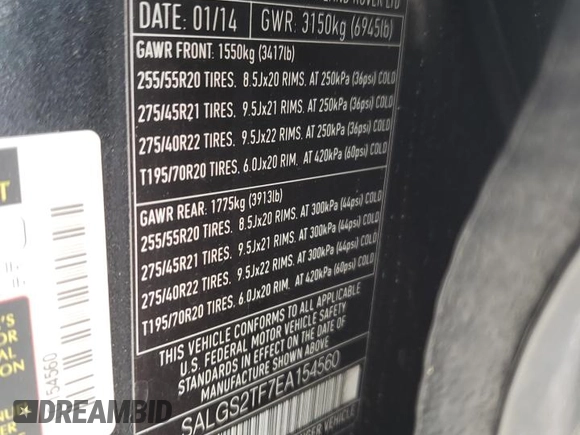 2014 Land Rover Range Rover Supercharged with VIN SALGS2TF7EA154560, listed as a Copart auction lot 55447795 with 113,671 mi miles and Clean Title. Bid and sale history available at DreamBid. Image 13.