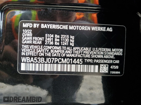2023 BMW 5 Series 540i with VIN WBA53BJ07PCM01445, listed as a Copart auction lot 55084525 with 20,598 mi miles and Salvage title. Bid and sale history available at DreamBid. Image 12.
