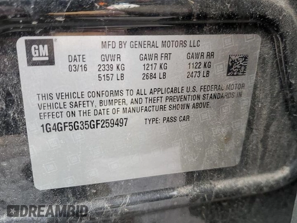 2016 Buick LaCrosse Premium II with VIN 1G4GF5G35GF259497, listed as a Copart auction lot 47017115 with 65,966 mi miles and Salvage Title. Bid and sale history available at carsss.com. Image 12.