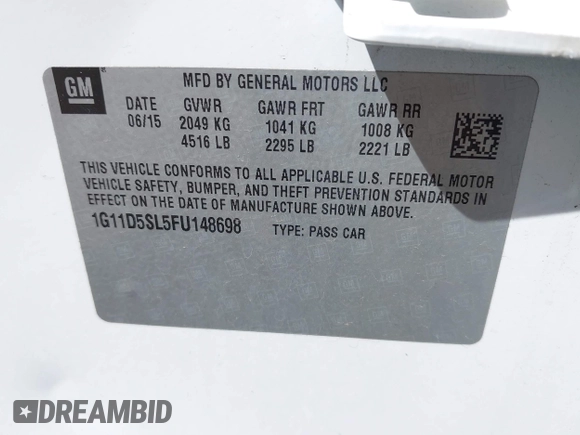 2015 Chevrolet Malibu LT with VIN 1G11D5SL5FU148698, listed as a IAAI auction lot 42141915 with 121,243 mi miles and . Bid and sale history available at DreamBid. Image 9.