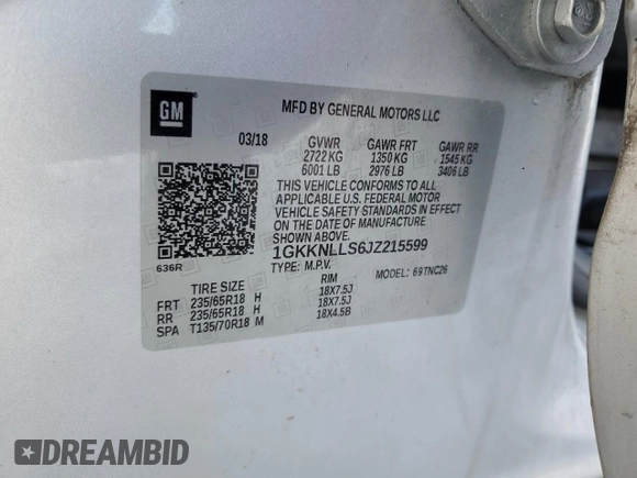 2018 GMC Acadia SLE with VIN 1GKKNLLS6JZ215599, listed as a Copart auction lot 84427224 with 102,510 mi miles and Salvage Title. Bid and sale history available at DreamBid. Image 15.