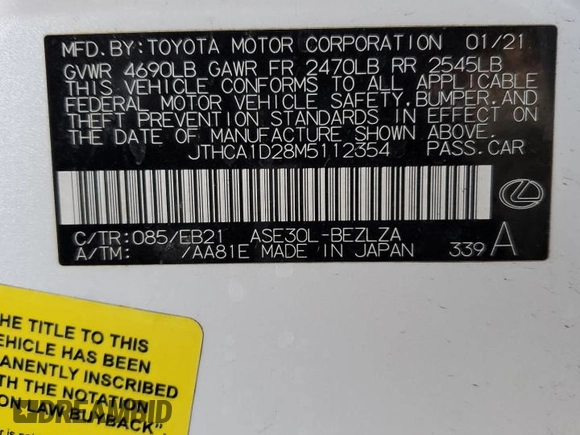 2021 Lexus IS with VIN JTHCA1D28M5112354, listed as a Copart auction lot 52625545 with 40,304 mi miles and Salvage Title. Bid and sale history available at carsss.com. Image 13.