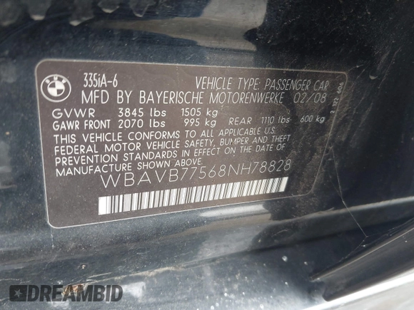 2008 BMW 3 Series 335i with VIN WBAVB77568NH78828, listed as a IAAI auction lot 42053292 with 100,757 mi miles. Bid and sale history available at carsss.com. Image 9.