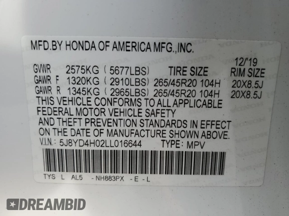 2020 Acura MDX Technology z VIN 5J8YD4H02LL016644, wystawiony jako Copart lot #86139724 z przebiegiem Nie podano mil oraz Szkoda całkowita • Salvage title. Historia ofert i sprzedaży dostępna na DreamBid. Obrazek 14.