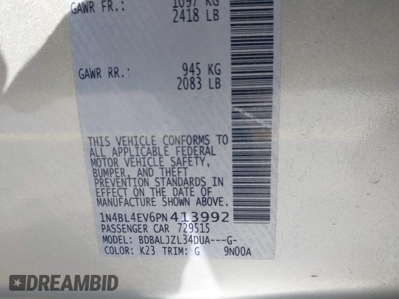 2023 Nissan Altima SL with VIN 1N4BL4EV6PN413992, listed as a IAAI auction lot 41644642 with 40,974 mi miles and . Bid and sale history available at DreamBid. Image 9.