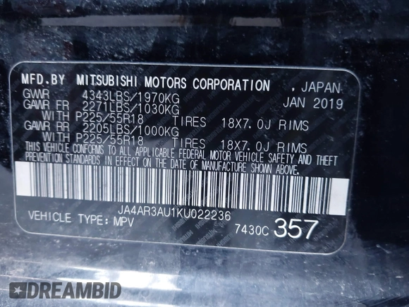 2019 Mitsubishi Outlander ES z VIN JA4AR3AU1KU022236, wystawiony jako IAAI lot #42070526 z przebiegiem 121 890 mil mil oraz . Historia ofert i sprzedaży dostępna na DreamBid. Obrazek 9.