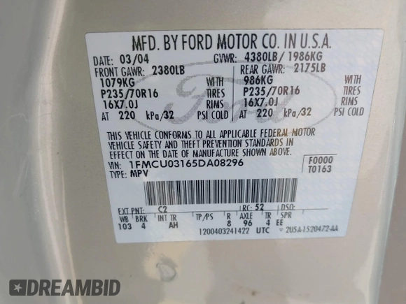2005 Ford Escape XLT с VIN 1FMCU03165DA08296, выставлен на аукционе IAAI как лот 41677892 с пробегом 255 431 миль миль и . История ставок и продаж доступна на DreamBid. Изображение 9.