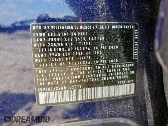 2022 Volkswagen Tiguan SE z VIN 3VV3B7AX9NM102978, wystawiony jako Copart lot #60182395 z przebiegiem 43 565 mil mil oraz Szkoda całkowita • Salvage title. Historia ofert i sprzedaży dostępna na DreamBid. Obrazek 13.