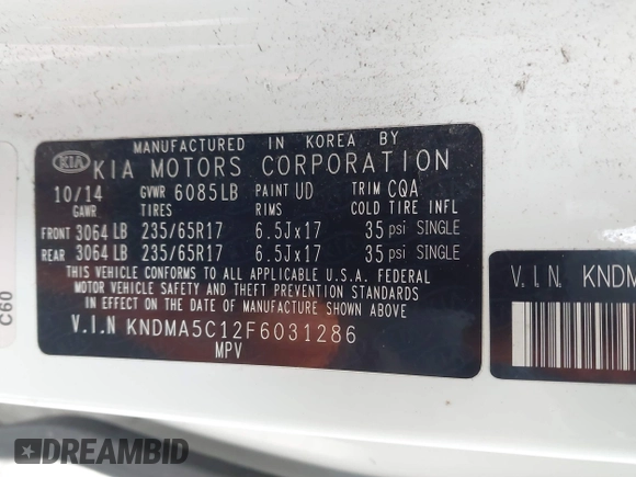 2015 Kia Sedona L with VIN KNDMA5C12F6031286, listed as a IAAI auction lot 42002214 with 185,814 mi miles. Bid and sale history available at carsss.com. Image 9.