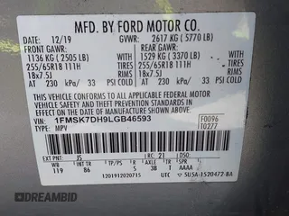 2020 Ford Explorer XLT z VIN 1FMSK7DH9LGB46593, wystawiony jako IAAI lot #42155086 z przebiegiem 90 698 mil mil oraz . Historia ofert i sprzedaży dostępna na DreamBid. Obrazek 9.