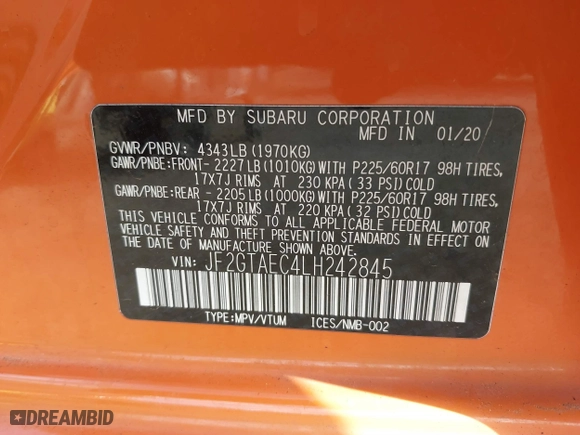 2020 Subaru Crosstrek Premium with VIN JF2GTAEC4LH242845, listed as a IAAI auction lot 41522510 with 1 mi miles. Bid and sale history available at carsss.com. Image 9.