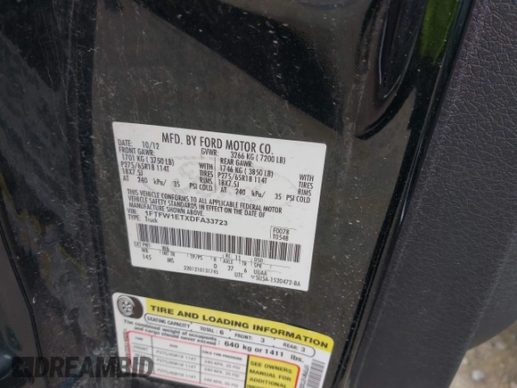 2013 Ford F-150 XL with VIN 1FTFW1ETXDFA33723, listed as a IAAI auction lot 39711808 with 112,922 mi miles. Bid and sale history available at carsss.com. Image 9.