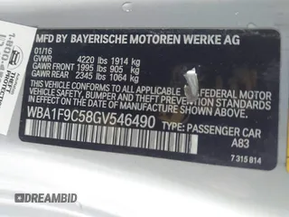 2016 BMW 2 Series 228i with VIN WBA1F9C58GV546490, listed as a IAAI auction lot 41811819 with 69,434 mi miles. Bid and sale history available at carsss.com. Image 9.
