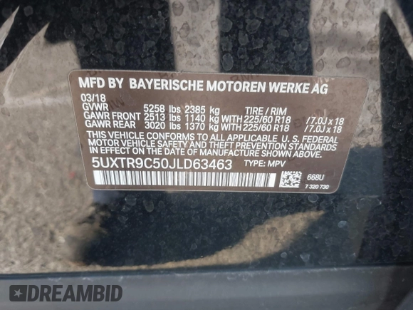 2018 BMW X3 xDrive30i with VIN 5UXTR9C50JLD63463, listed as a IAAI auction lot 41939254 with 91,754 mi miles and . Bid and sale history available at DreamBid. Image 9.