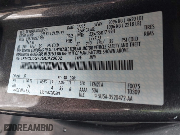 2016 Ford Escape SE with VIN 1FMCU0G78GUA20032, listed as a IAAI auction lot 41853044 with 117,005 mi miles. Bid and sale history available at carsss.com. Image 9.