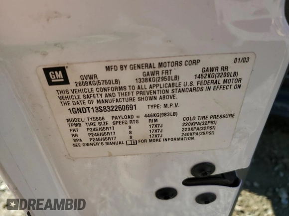 2003 Chevrolet TrailBlazer LTZ with VIN 1GNDT13S832260691, listed as a Copart auction lot 85911284 with 140,993 mi miles and Salvage Title. Bid and sale history available at DreamBid. Image 14.