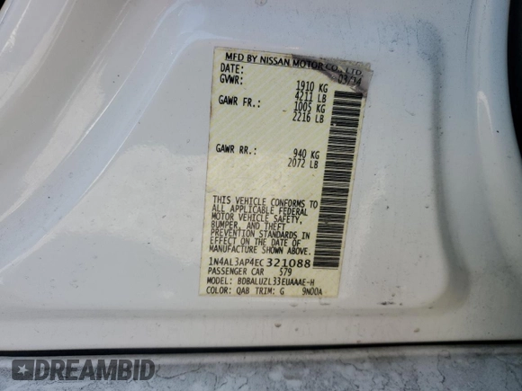 2014 Nissan Altima S with VIN 1N4AL3AP4EC321088, listed as a Copart auction lot 47879755 with 104,991 mi miles and Clean Title. Bid and sale history available at DreamBid. Image 12.