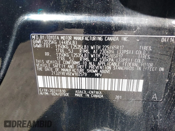 2014 Toyota RAV4 LE with VIN 2T3ZFREV6EW102579, listed as a IAAI auction lot 42217086 with 58,266 mi miles and . Bid and sale history available at DreamBid. Image 9.