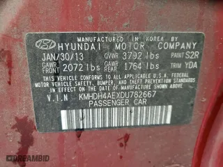 2013 Hyundai Elantra GLS PZEV with VIN KMHDH4AEXDU782667, listed as a Copart auction lot 82669084 with 89,435 mi miles and Salvage Title. Bid and sale history available at carsss.com. Image 12.