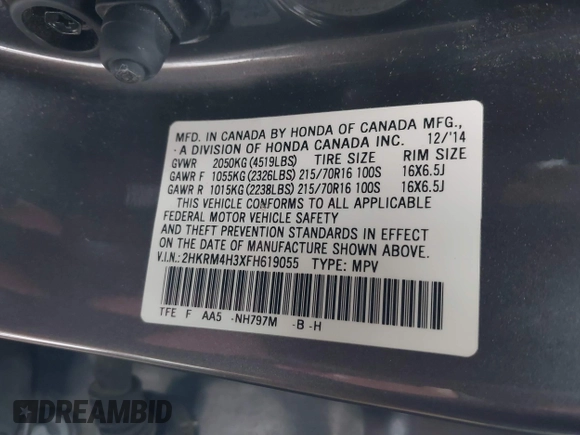 2015 Honda CR-V LX with VIN 2HKRM4H3XFH619055, listed as a IAAI auction lot 40989227 with 113,332 mi miles and . Bid and sale history available at DreamBid. Image 9.