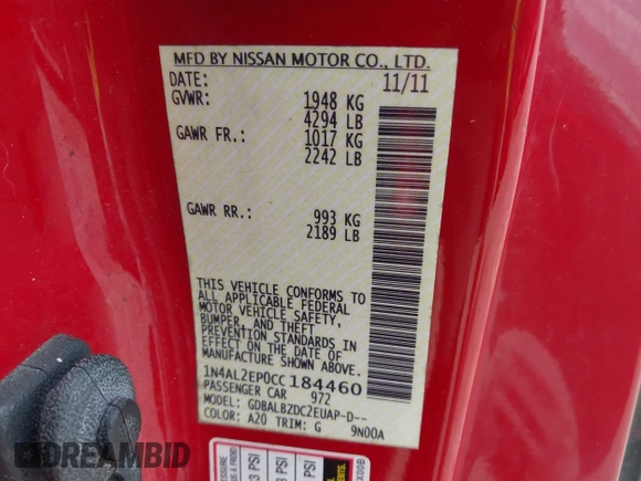 2012 Nissan Altima S with VIN 1N4AL2EP0CC184460, listed as a IAAI auction lot 42726471 with 96,396 mi miles and . Bid and sale history available at DreamBid. Image 9.